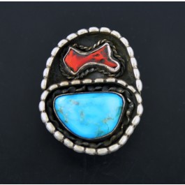 Vintage Old Pawn Navajo Oxidized Sterling Silver Turquoise Coral Ring Size 7.5