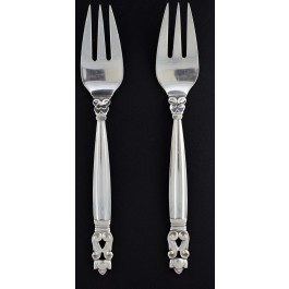 Pair Of Georg Jensen Denmark Acorn Sterling Silver Solid Fish Forks 6.5" No Mono