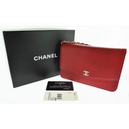 CHANEL Caviar Dark Red Leather Silver Tone WOC Wallet On Chain Crossbody Bag NWT