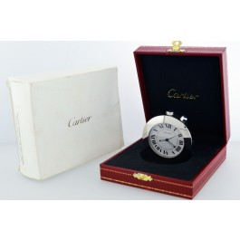 Vintage Cartier Classic Round Palladium Finished Travel Alarm Clock NIB W0100043