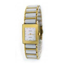 Rado 18mm Gold Tone Steel White Ceramic MOP Dial Quartz Watch 153.0283.3N