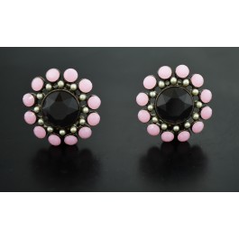 Vintage Signed Christian Lacroix Black Pink Rhinestone Pearl Clip On Earrings