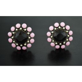 Vintage Signed Christian Lacroix Black Pink Rhinestone Pearl Clip On Earrings