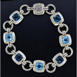 David Yurman Renaissance 925 Sterling Silver Blue Topaz Cushion Link Bracelet 7"
