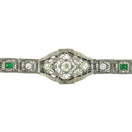 Antique Deco 14K White Gold Diamond Emerald Filigree Bracelet 6.5"