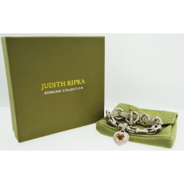 Judith Ripka Sterling Silver Citrine Heart Charm Diamonique Toggle Bracelet 8"