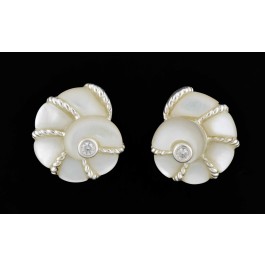 Judith Ripka Sterling Silver Mother Of Pearl Diamonique Sea Shell Omega Earrings
