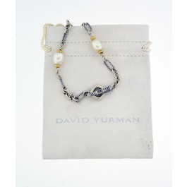 David Yurman 18k Gold Sterling Silver Baroque Pearl Figaro Toggle Necklace 36"