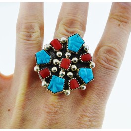 Navajo Betty Bitsie  Running Bear  Sterling Silver Turquoise Coral Ring