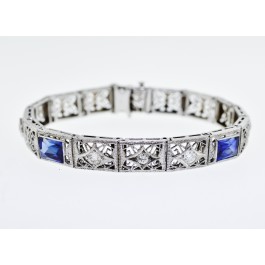 Antique Art Deco Platinum 14K Gold Diamond Sapphire Filigree Bracelet