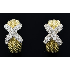 Vintage David Yurman 14k Gold X Station Diamond Triple Cable Omega Back Earrings