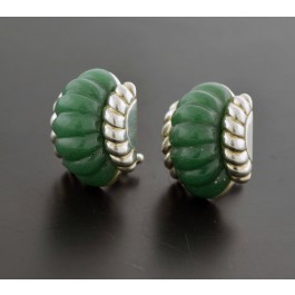 Judith Ripka 925 Sterling Silver Carved Green Jade Omega Back Huggie Earrings