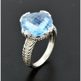 Judith Ripka Sterling Silver Faceted Blue Topaz Diamonique Cocktail Ring Size 10