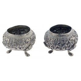 Pair Antique Burmese Fine Silver Repousse Footed Incense Burners Offering Bowls