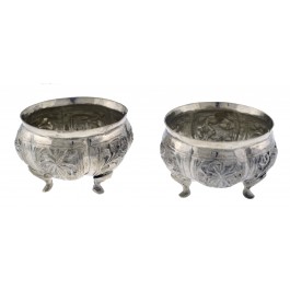 Pair Antique Burmese Fine Silver Repousse Animal Plant Footed Incense Burners