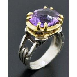 Finestra 18k Yellow Gold Sterling Silver Faceted Oval Amethyst Ring Size 4.5