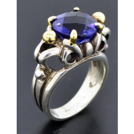 Finestra 18k Yellow Gold Sterling Silver Round Faceted Amethyst Ring Size 4.75