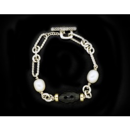David Yurman 18k Gold 925 Sterling Silver Pearl Onyx Figaro Chain Bracelet 6.25"