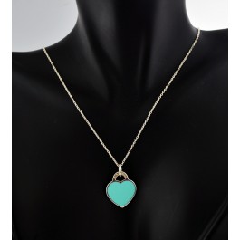 Return To Tiffany & Co 925 Sterling Silver Blue Enamel Heart Charm Necklace 16"