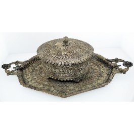 Antique Syrian Aleppo Middle Eastern Sterling Silver Filigree Tray & Center Dish