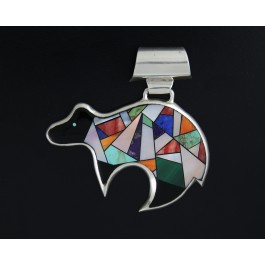 LB Native American Navajo 925 Sterling Silver Inlaid Multi Stone Bear Pendant