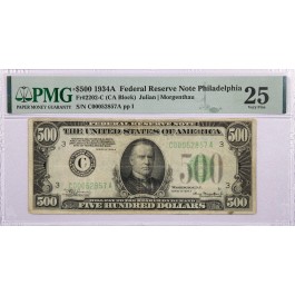 Series 1934 A $500 Note FRN Philadelphia Fr#2202-C PMG VF25 Minor Thinning Ink