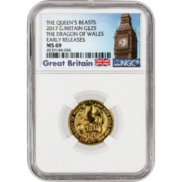 2017 £25 1/4 oz Gold Queen's Beasts The Red Dragon of Wales NGC MS69 ER