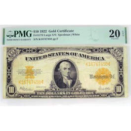 Series 1922 $10 Large Size Gold Certificate Note Fr#1173 Large S/N PMG VF20 EPQ