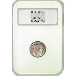 1912 10C Silver Barber Dime NGC MS64 Toned Uncirculated Coin