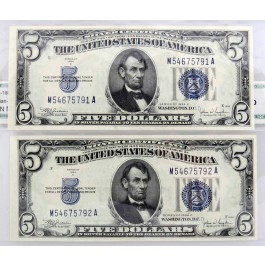 (2) Series Of 1934 C $5 Silver Certificates Fr#1653 UNC Consecutive Serial #'s