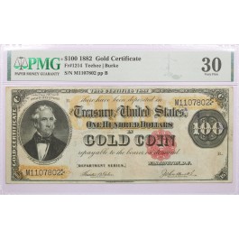 Series Of 1882 $100 Large Size Gold Certificate Fr#1214 PMG Very Fine 30 Ink