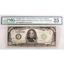 Series Of 1934 $1000 Bill FRN Atlanta Fr#2211-Fdgsm DGS Mule PMG VF25 Minor Rust