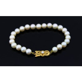 Vintage Signed Mikimoto 18k Yellow Gold 6.5mm Pearl Strand Bracelet Size 6.5"