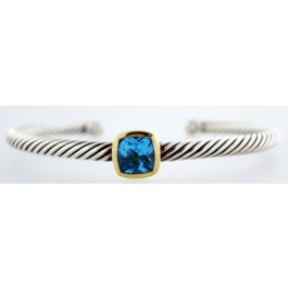 David Yurman 4mm Cable Cuff Bracelet Blue Topaz 18k Gold 925 Sterling Silver
