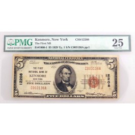 1929 $5 First National Bank Kenmore New York CH#12208 Fr#1800-1 Type 1 PMG VF25