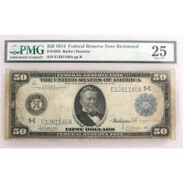 Series Of 1914 $50 Federal Reserve Note Richmond Virginia Fr#1042 PMG VF25