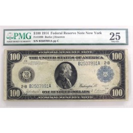 1914 $100 Federal Reserve Note New York Fr#1090 PMG VF25 Closed Pinholes