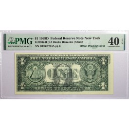 1969 D $1 FRN New York Fr#1907-B Partial Offset Printing Error Note PMG XF40 EPQ