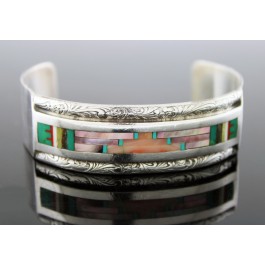 1975 Alrit Halote Zuni Native American Sterling Silver Micro Inlay Cuff Bracelet
