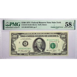 1974 $100 FRN New York Fr#2167-B Gutter Fold Error Note PMG Choice AU58 EPQ