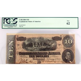 1864 $10 Confederate States Of America BankNote T-68 PCGS New 62