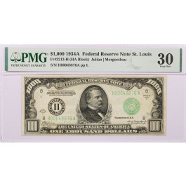 Series Of 1934 A $1000 Bill FRN St Louis Fr#2212-H HA Block PMG Ch VF30 Pinholes