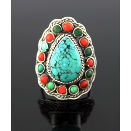 Old Pawn Navajo Native American Sterling Silver Coral Turquoise Ring 8.5 15.5g