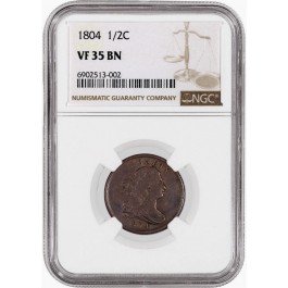 1804 1/2C Draped Bust Half Cent NGC Plain 4 No Stem Cohen 13 C-13 VF35 BN Brown 