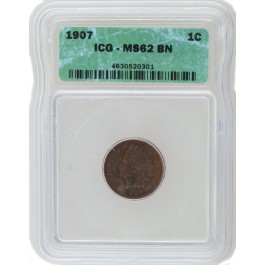 1907 1C Indian Head Cent ICG MS62 BN Brown Uncirculated Coin