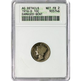 1916 D 10C Mercury Dime Silver ANACS AG Details Damaged Bent Old Soapbox