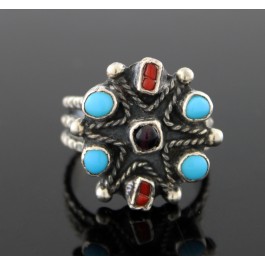 Mexico Pueblo Native American Sterling Silver Coral Garnet Turquoise Ring Sz 9.5