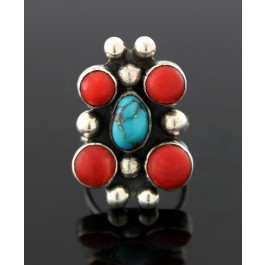 Old Pawn Navajo Native American Sterling Silver Coral Turquoise Ring 6.75 10.8g
