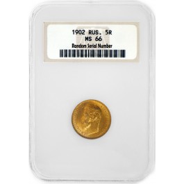 1902 5 Rouble Nicholas II .900 Fine Russian Gold NGC MS66 Old Fat Holder