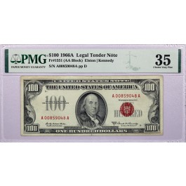 Series 1966 A $100 Legal Tender Note Red Seal Fr#1551 AA Block PMG Choice VF35